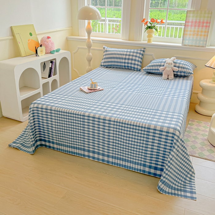 91家纺网 家纺一手货源 找家纺 爱彼家纺 2026新款升级细沙亲肤舒适原棉老粗布床单席子凉席 蓝小格