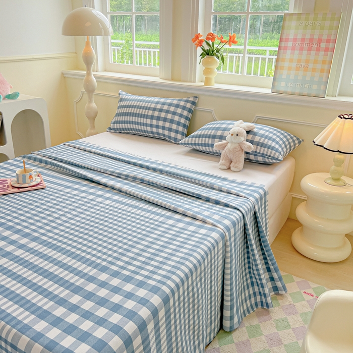 91家纺网 家纺一手货源 找家纺 爱彼家纺 2026新款升级细沙亲肤舒适原棉老粗布床单席子凉席 蓝小格