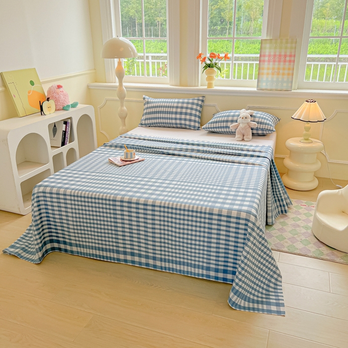 91家纺网 家纺一手货源 找家纺 爱彼家纺 2026新款升级细沙亲肤舒适原棉老粗布床单席子凉席 蓝小格