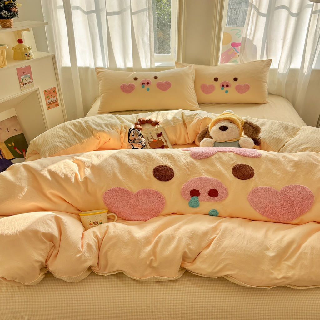 91家纺网 家纺一手货源 找家纺 色鬼布艺高端家居主号 2026新款古法毛巾绣四件套 爱心猪猪-黄