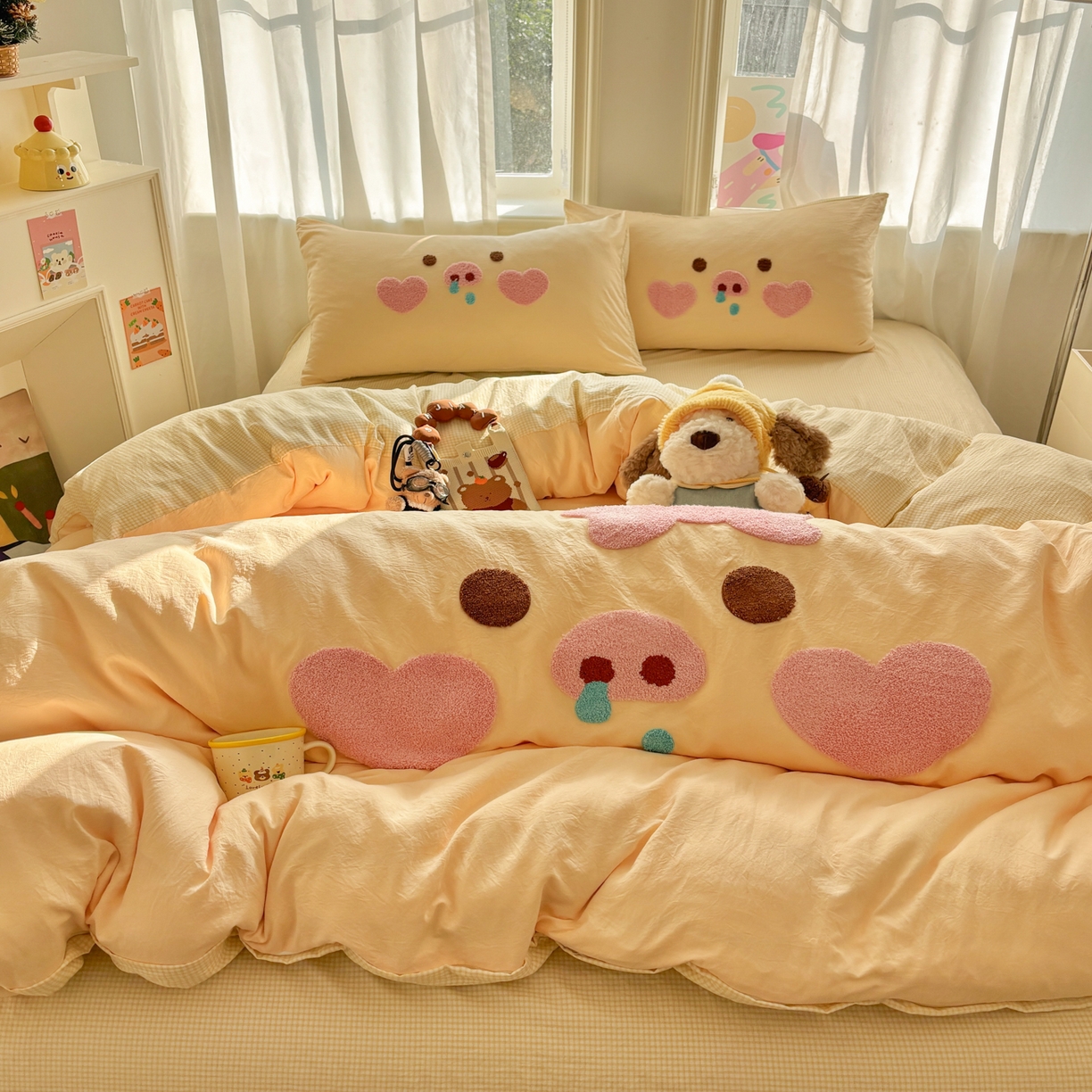 91家纺网 家纺一手货源 找家纺 色鬼布艺高端家居主号 2026新款古法毛巾绣四件套 爱心猪猪-黄