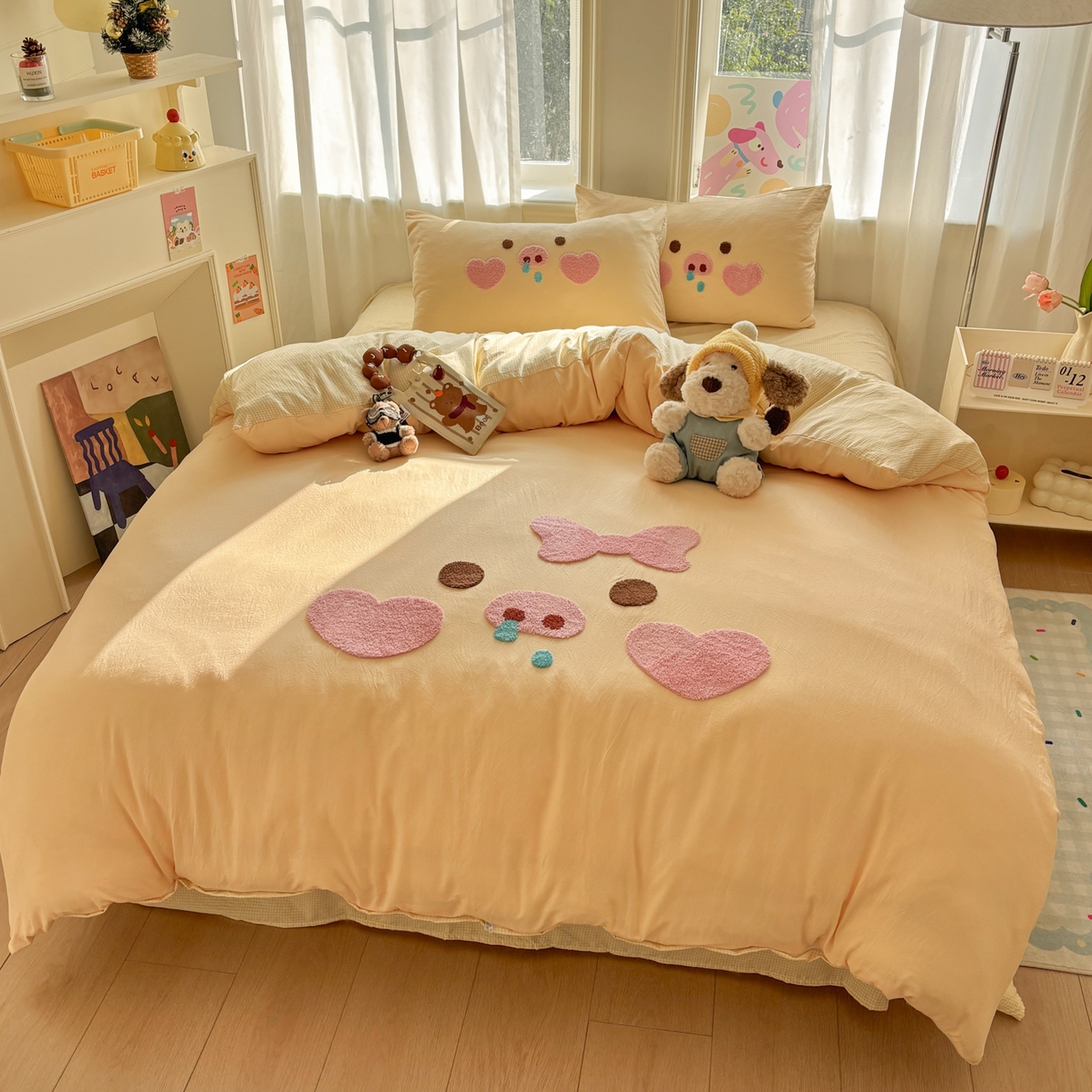 91家纺网 家纺一手货源 找家纺 色鬼布艺高端家居主号 2026新款古法毛巾绣四件套 爱心猪猪-黄