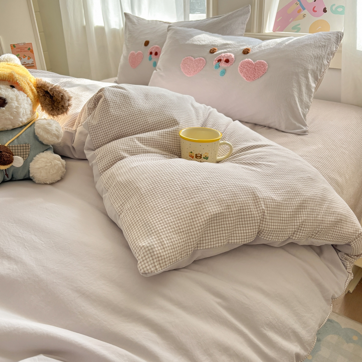 91家纺网 家纺一手货源 找家纺 色鬼布艺高端家居主号 2026新款古法毛巾绣四件套 爱心猪猪-灰