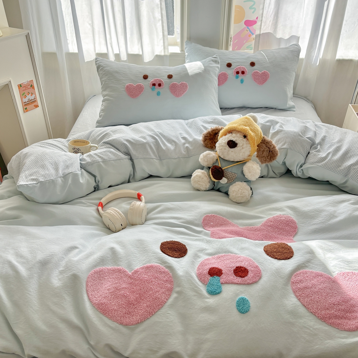 91家纺网 家纺一手货源 找家纺 色鬼布艺高端家居主号 2026新款古法毛巾绣四件套 爱心猪猪-蓝