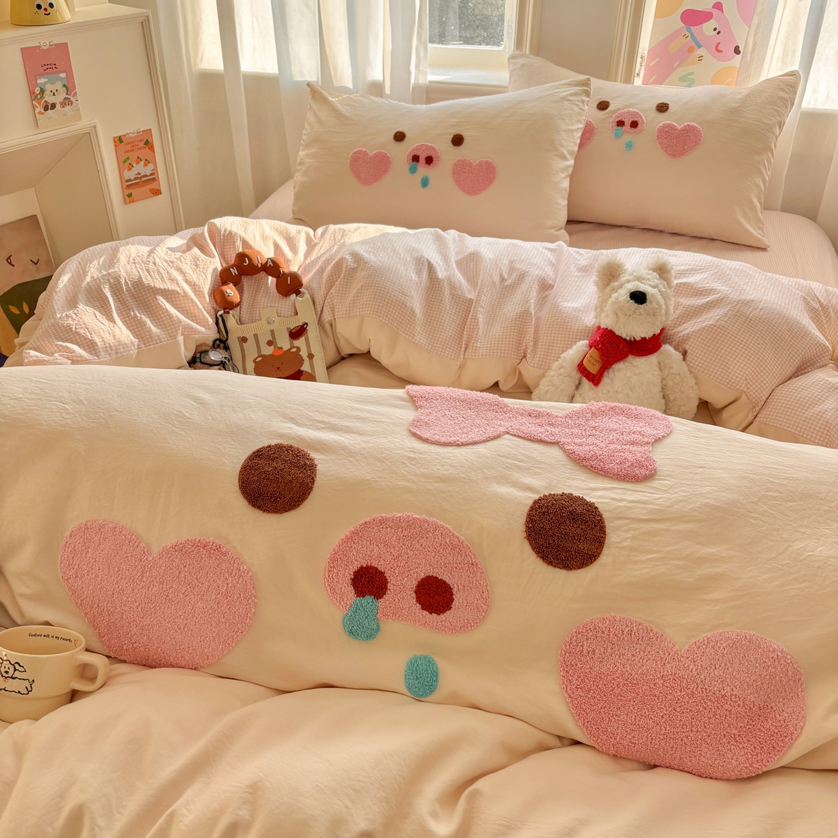 色鬼布艺高端家居主号 2026新款古法毛巾绣四件套 爱心猪猪-香槟