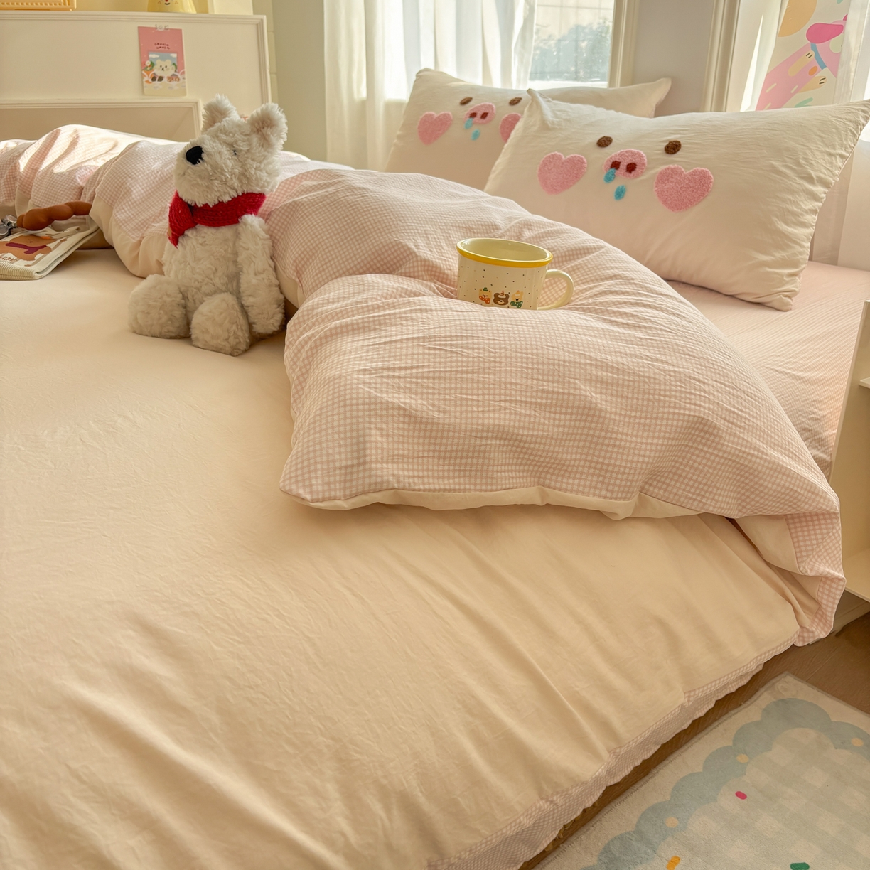 91家纺网 家纺一手货源 找家纺 色鬼布艺高端家居主号 2026新款古法毛巾绣四件套 爱心猪猪-香槟