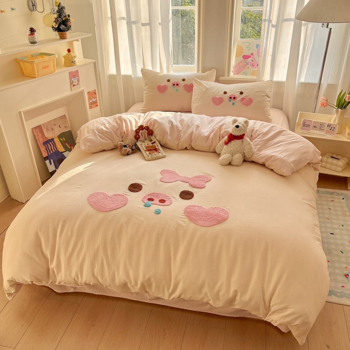 91家纺网 家纺一手货源 找家纺 色鬼布艺高端家居主号 2026新款古法毛巾绣四件套 爱心猪猪-香槟