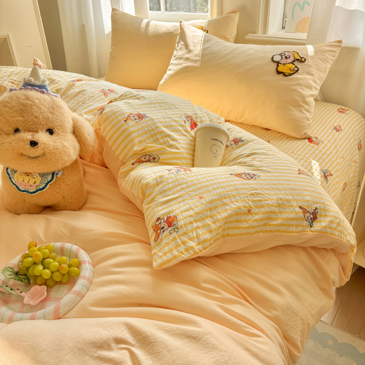 91家纺网 家纺一手货源 找家纺 色鬼布艺高端家居主号 2026新款古法毛巾绣四件套 吹泡泡小星