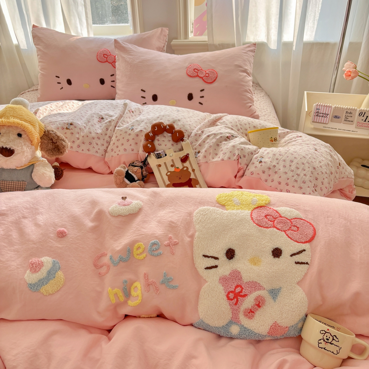 91家纺网 家纺一手货源 找家纺 色鬼布艺高端家居主号 2026新款古法毛巾绣四件套 春日猫咪-粉