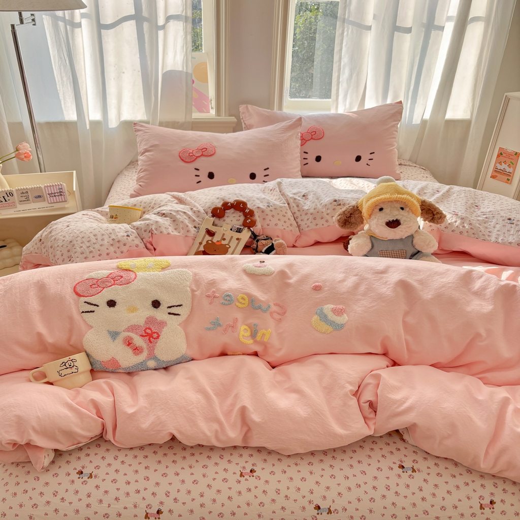 91家纺网 家纺一手货源 找家纺 色鬼布艺高端家居主号 2026新款古法毛巾绣四件套 春日猫咪-粉