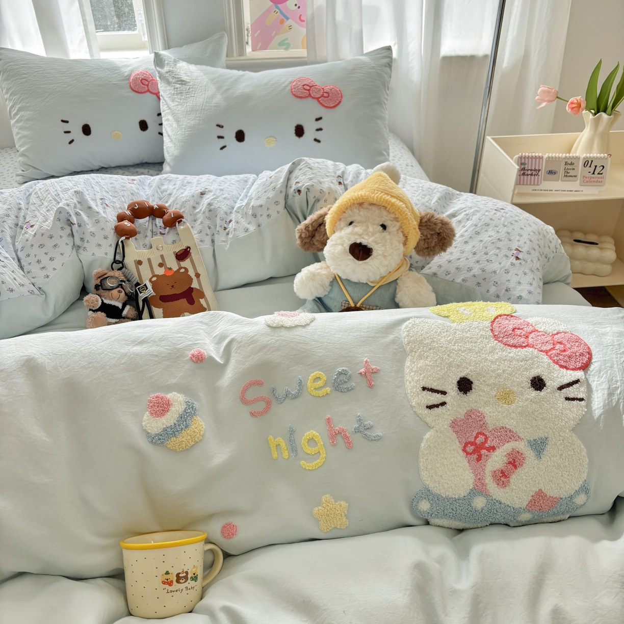 91家纺网 家纺一手货源 找家纺 色鬼布艺高端家居主号 2026新款古法毛巾绣四件套 春日猫咪-蓝