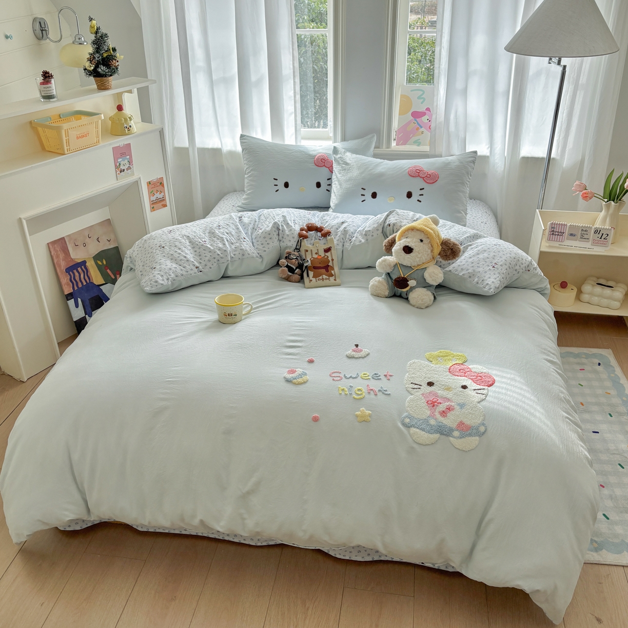 91家纺网 家纺一手货源 找家纺 色鬼布艺高端家居主号 2026新款古法毛巾绣四件套 春日猫咪-蓝