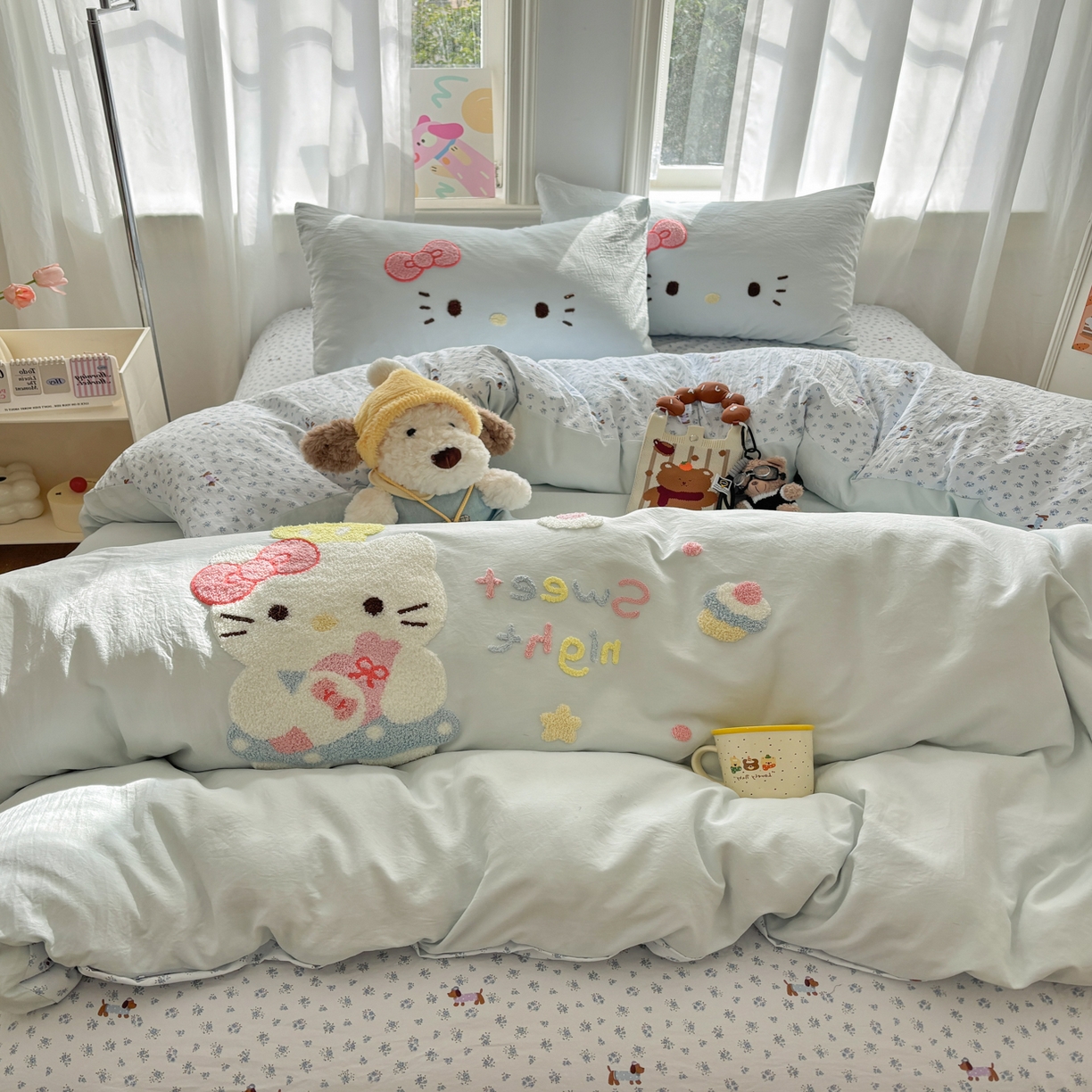 91家纺网 家纺一手货源 找家纺 色鬼布艺高端家居主号 2026新款古法毛巾绣四件套 春日猫咪-蓝