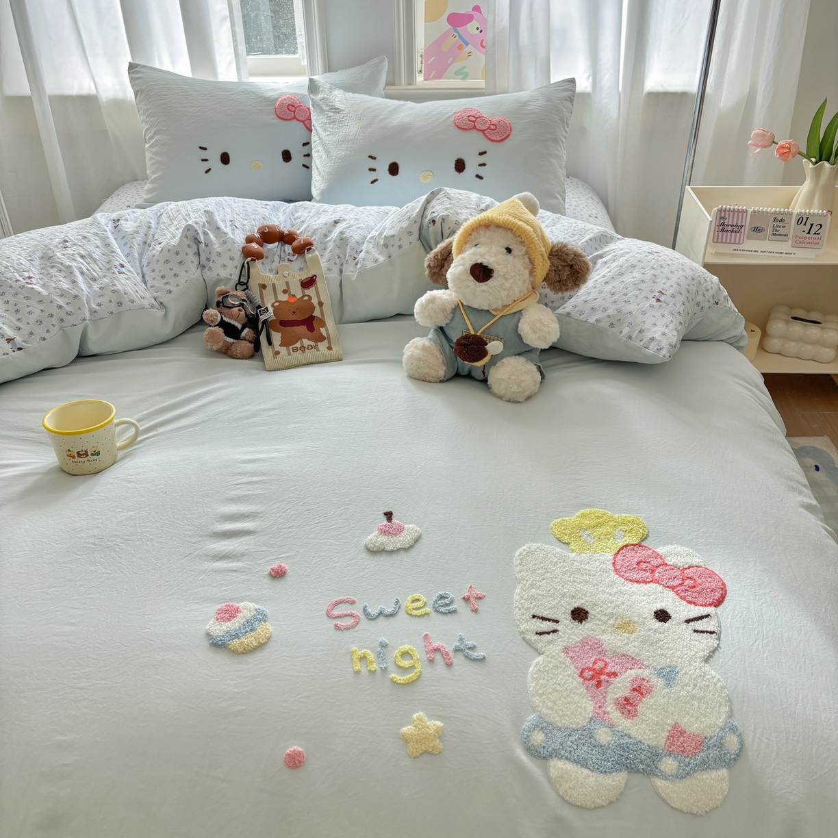 91家纺网 家纺一手货源 找家纺 色鬼布艺高端家居主号 2026新款古法毛巾绣四件套 春日猫咪-蓝