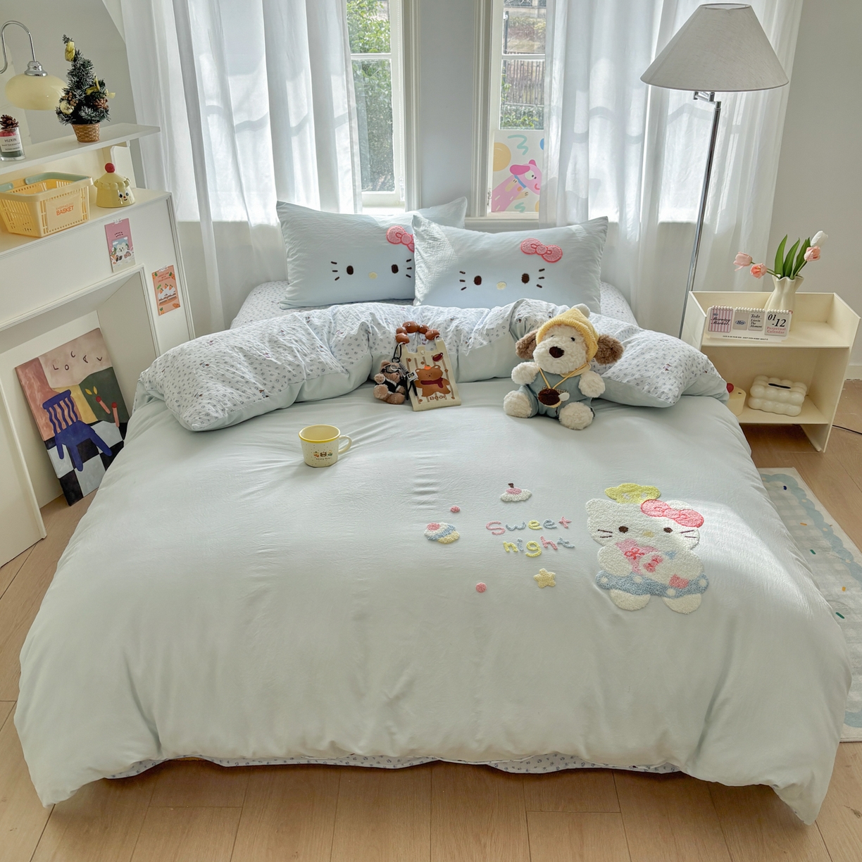 91家纺网 家纺一手货源 找家纺 色鬼布艺高端家居主号 2026新款古法毛巾绣四件套 春日猫咪-蓝