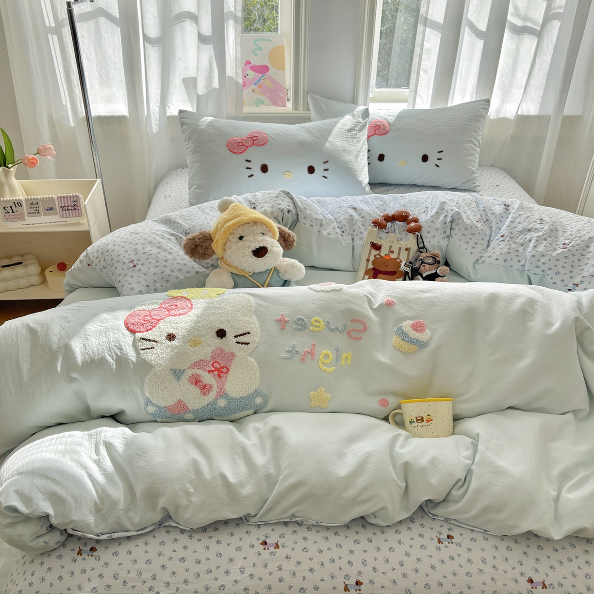 91家纺网 家纺一手货源 找家纺 色鬼布艺高端家居主号 2026新款古法毛巾绣四件套 春日猫咪-蓝