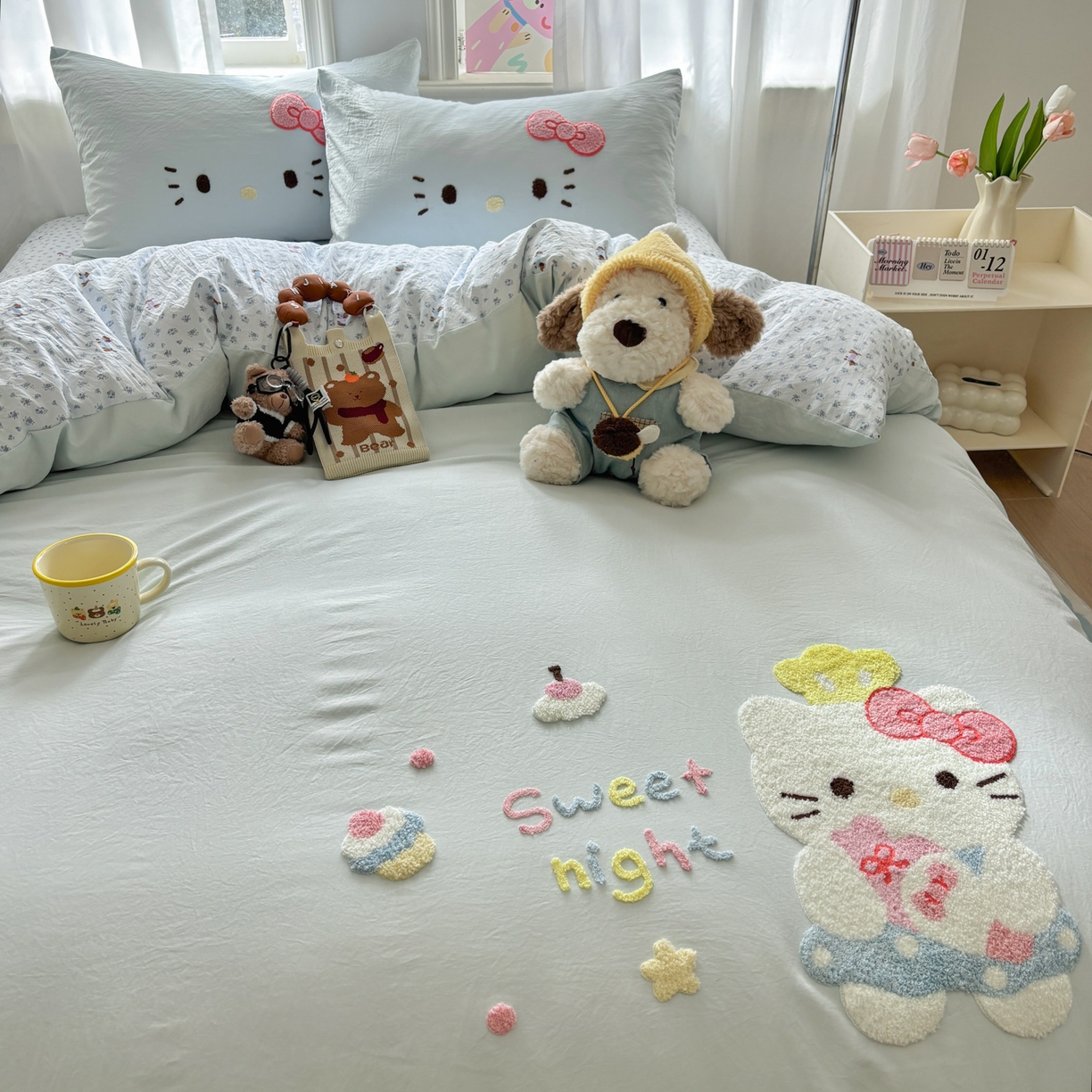 91家纺网 家纺一手货源 找家纺 色鬼布艺高端家居主号 2026新款古法毛巾绣四件套 春日猫咪-蓝