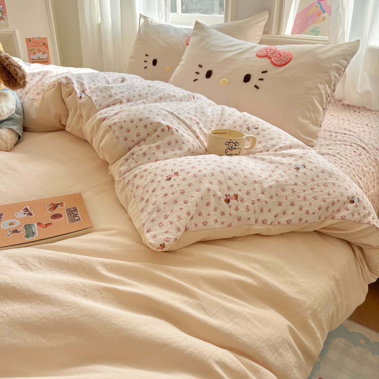 91家纺网 家纺一手货源 找家纺 色鬼布艺高端家居主号 2026新款古法毛巾绣四件套 春日猫咪-香槟