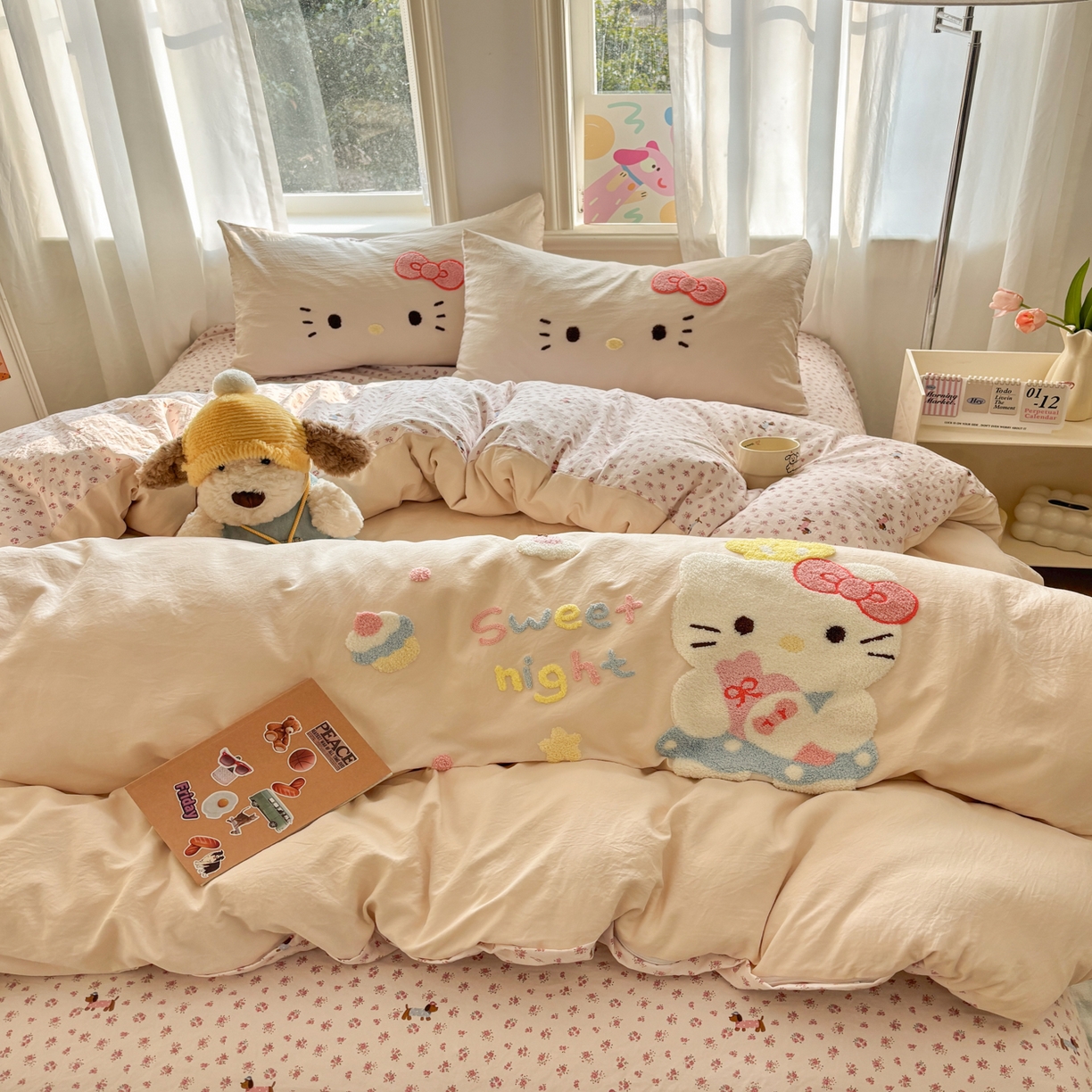 91家纺网 家纺一手货源 找家纺 色鬼布艺高端家居主号 2026新款古法毛巾绣四件套 春日猫咪-香槟