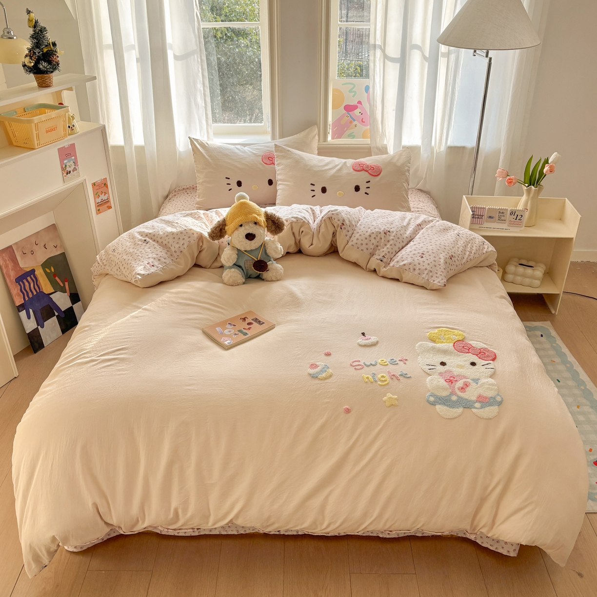 91家纺网 家纺一手货源 找家纺 色鬼布艺高端家居主号 2026新款古法毛巾绣四件套 春日猫咪-香槟