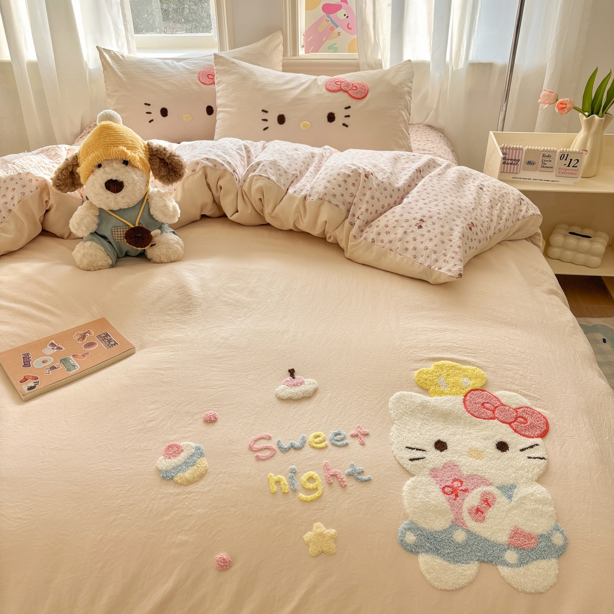 91家纺网 家纺一手货源 找家纺 色鬼布艺高端家居主号 2026新款古法毛巾绣四件套 春日猫咪-香槟