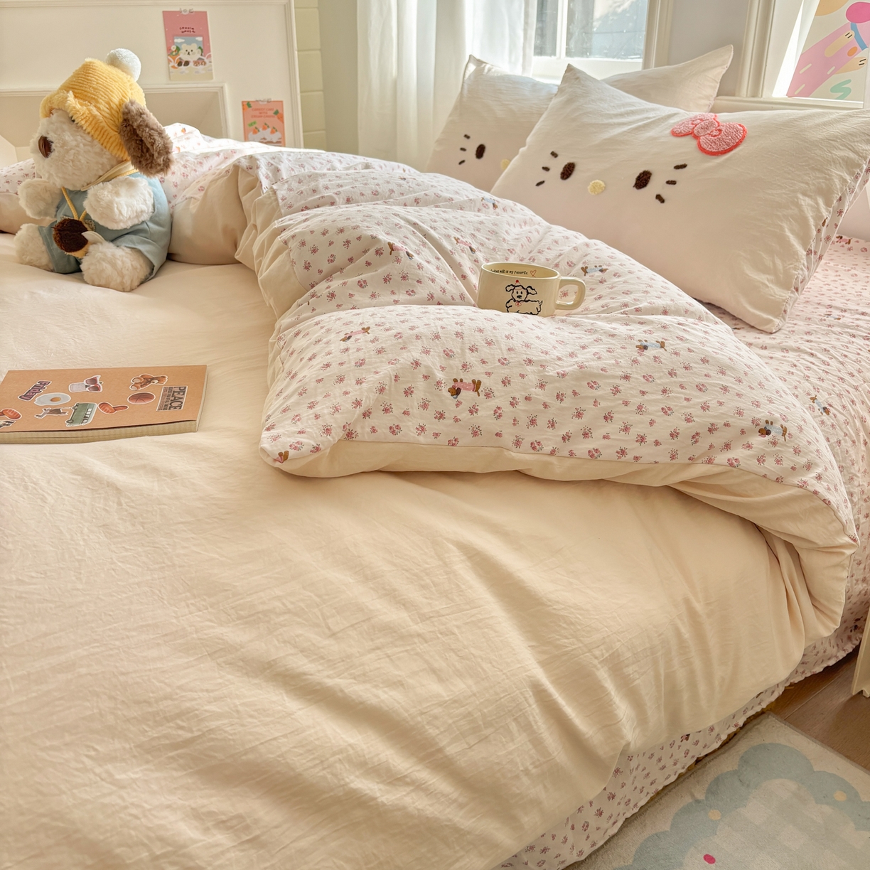 91家纺网 家纺一手货源 找家纺 色鬼布艺高端家居主号 2026新款古法毛巾绣四件套 春日猫咪-香槟