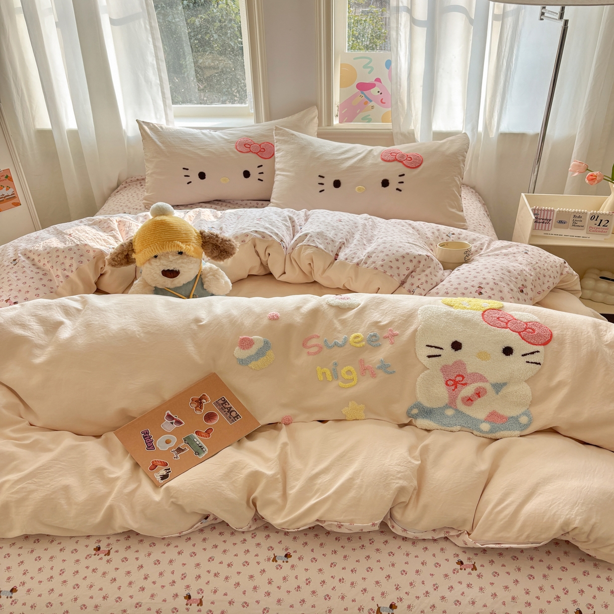 91家纺网 家纺一手货源 找家纺 色鬼布艺高端家居主号 2026新款古法毛巾绣四件套 春日猫咪-香槟