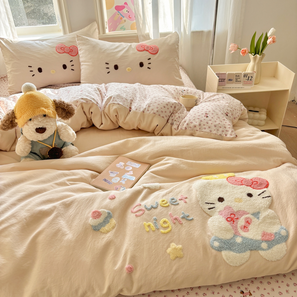 91家纺网 家纺一手货源 找家纺 色鬼布艺高端家居主号 2026新款古法毛巾绣四件套 春日猫咪-香槟