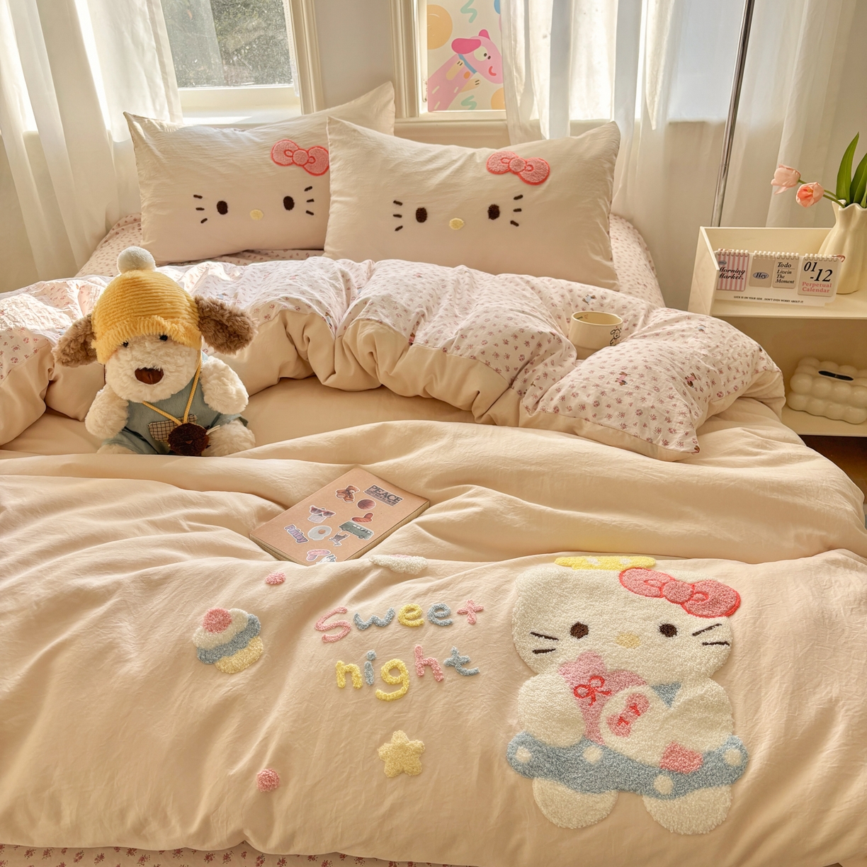 91家纺网 家纺一手货源 找家纺 色鬼布艺高端家居主号 2026新款古法毛巾绣四件套 春日猫咪-香槟