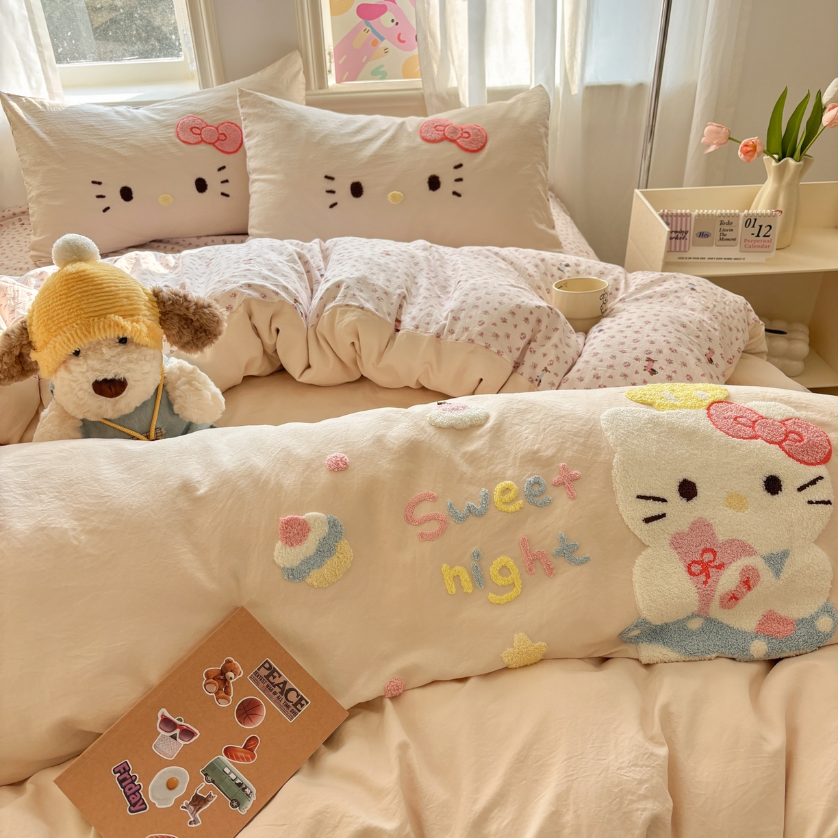 91家纺网 家纺一手货源 找家纺 色鬼布艺高端家居主号 2026新款古法毛巾绣四件套 春日猫咪-香槟