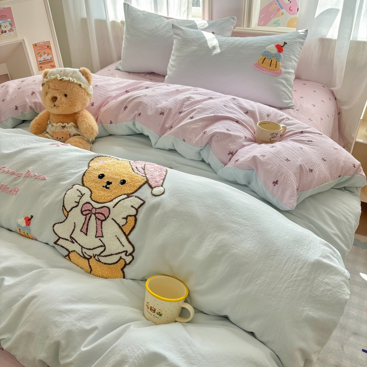 色鬼布艺高端家居主号 2026新款古法毛巾绣四件套 蛋糕小熊-蓝