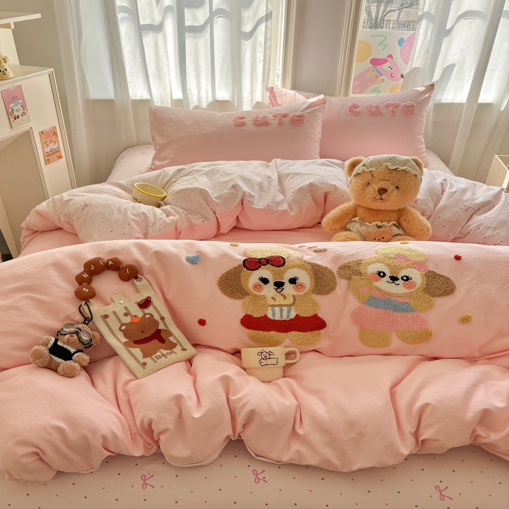 91家纺网 家纺一手货源 找家纺 色鬼布艺高端家居主号 2026新款古法毛巾绣四件套 快乐伙伴-粉