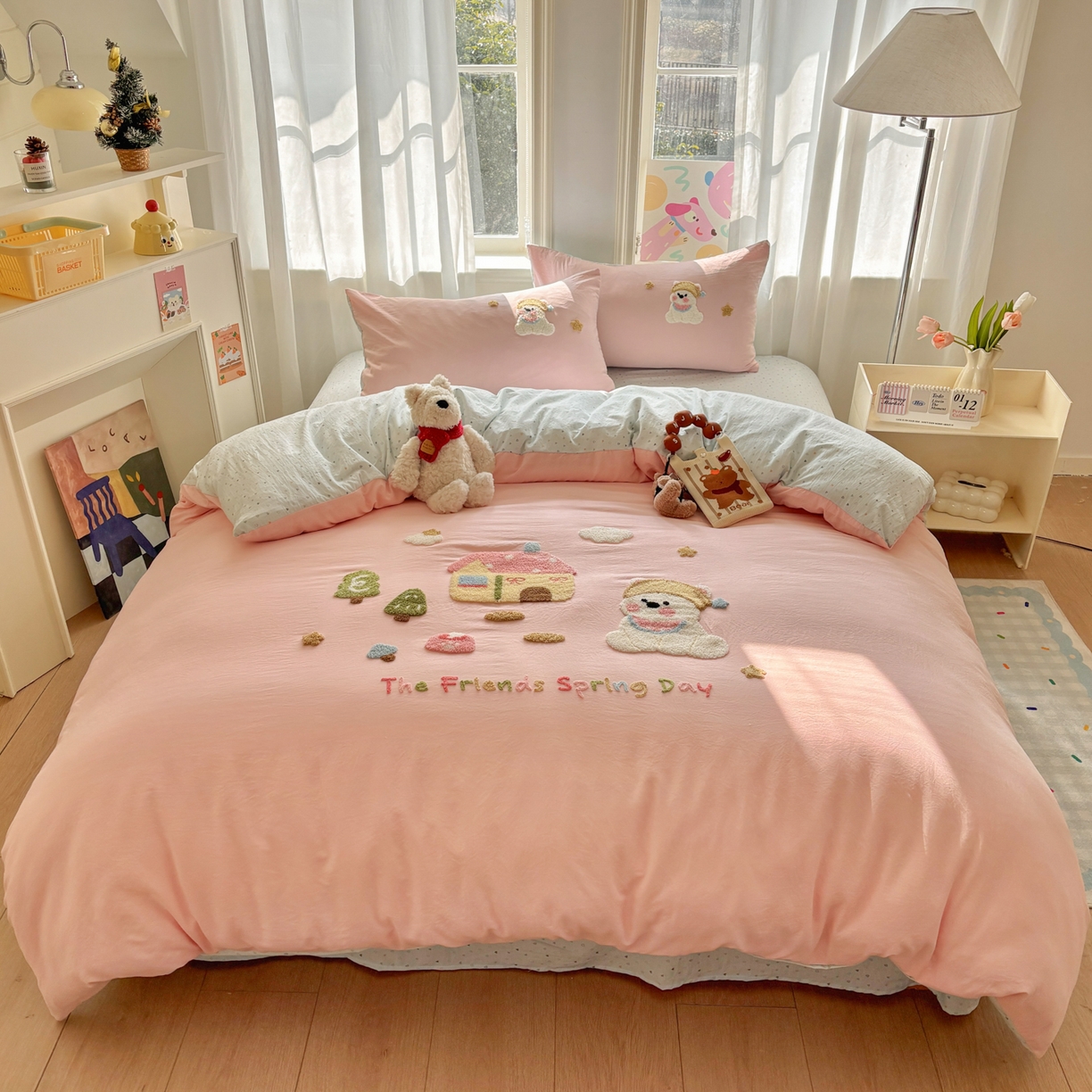 91家纺网 家纺一手货源 找家纺 色鬼布艺高端家居主号 2026新款古法毛巾绣四件套 雪瑞狗-粉