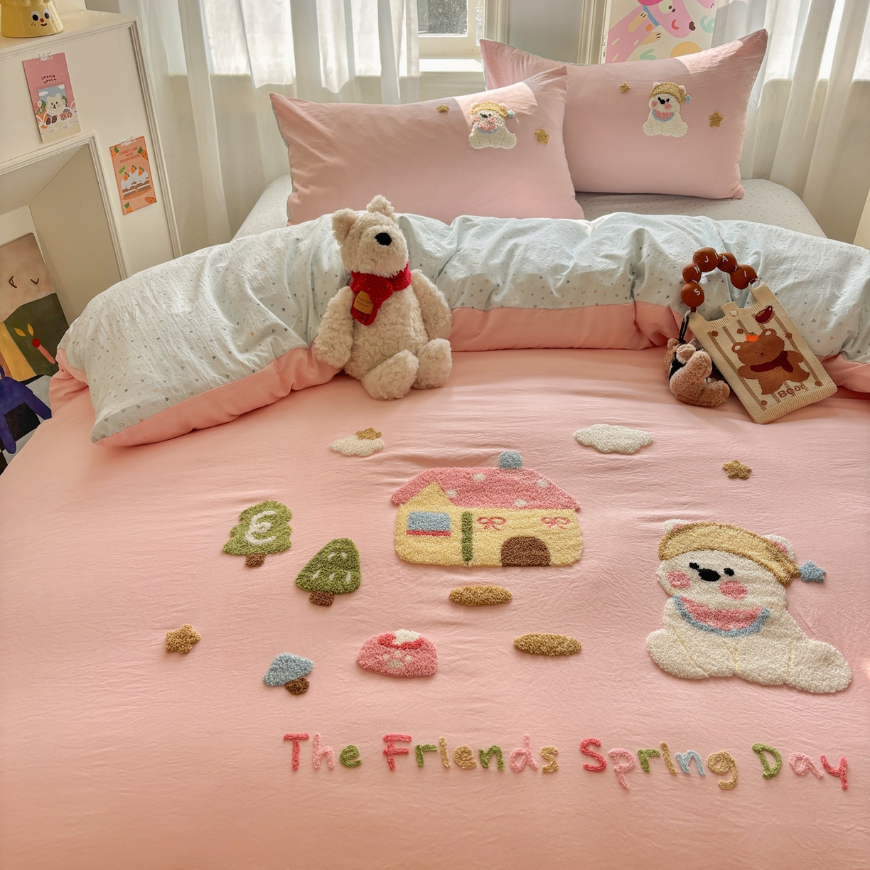 91家纺网 家纺一手货源 找家纺 色鬼布艺高端家居主号 2026新款古法毛巾绣四件套 雪瑞狗-粉