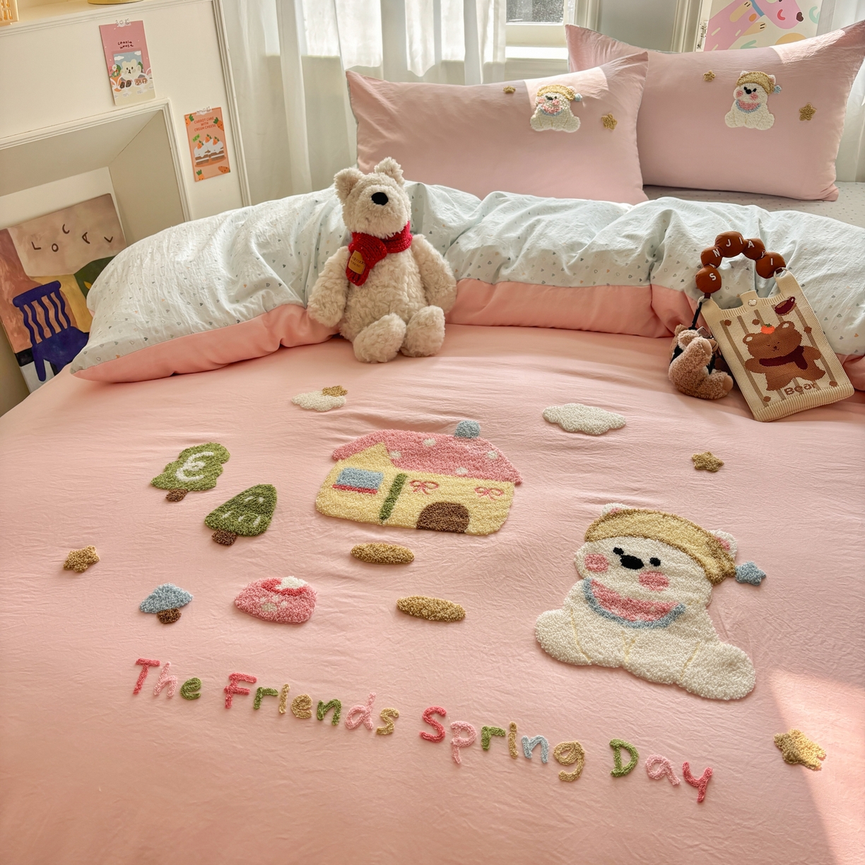 91家纺网 家纺一手货源 找家纺 色鬼布艺高端家居主号 2026新款古法毛巾绣四件套 雪瑞狗-粉