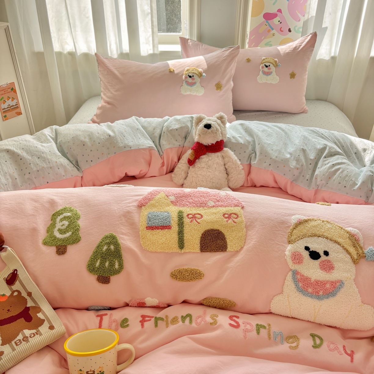 91家纺网 家纺一手货源 找家纺 色鬼布艺高端家居主号 2026新款古法毛巾绣四件套 雪瑞狗-粉