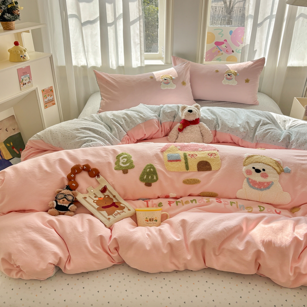 91家纺网 家纺一手货源 找家纺 色鬼布艺高端家居主号 2026新款古法毛巾绣四件套 雪瑞狗-粉