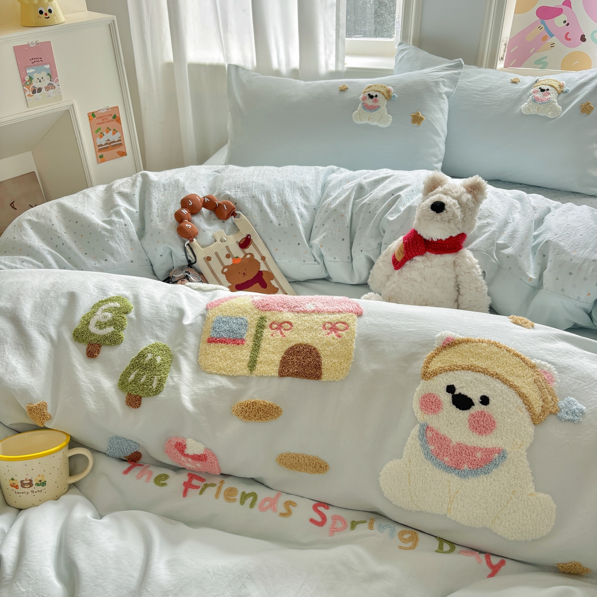 色鬼布艺高端家居主号 2026新款古法毛巾绣四件套 雪瑞狗-蓝