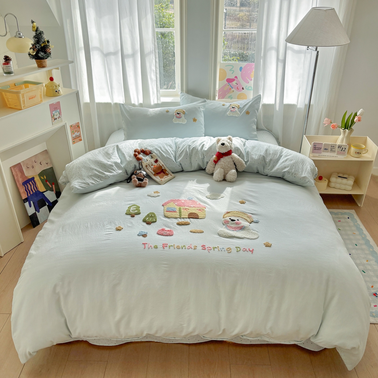 91家纺网 家纺一手货源 找家纺 色鬼布艺高端家居主号 2026新款古法毛巾绣四件套 雪瑞狗-蓝