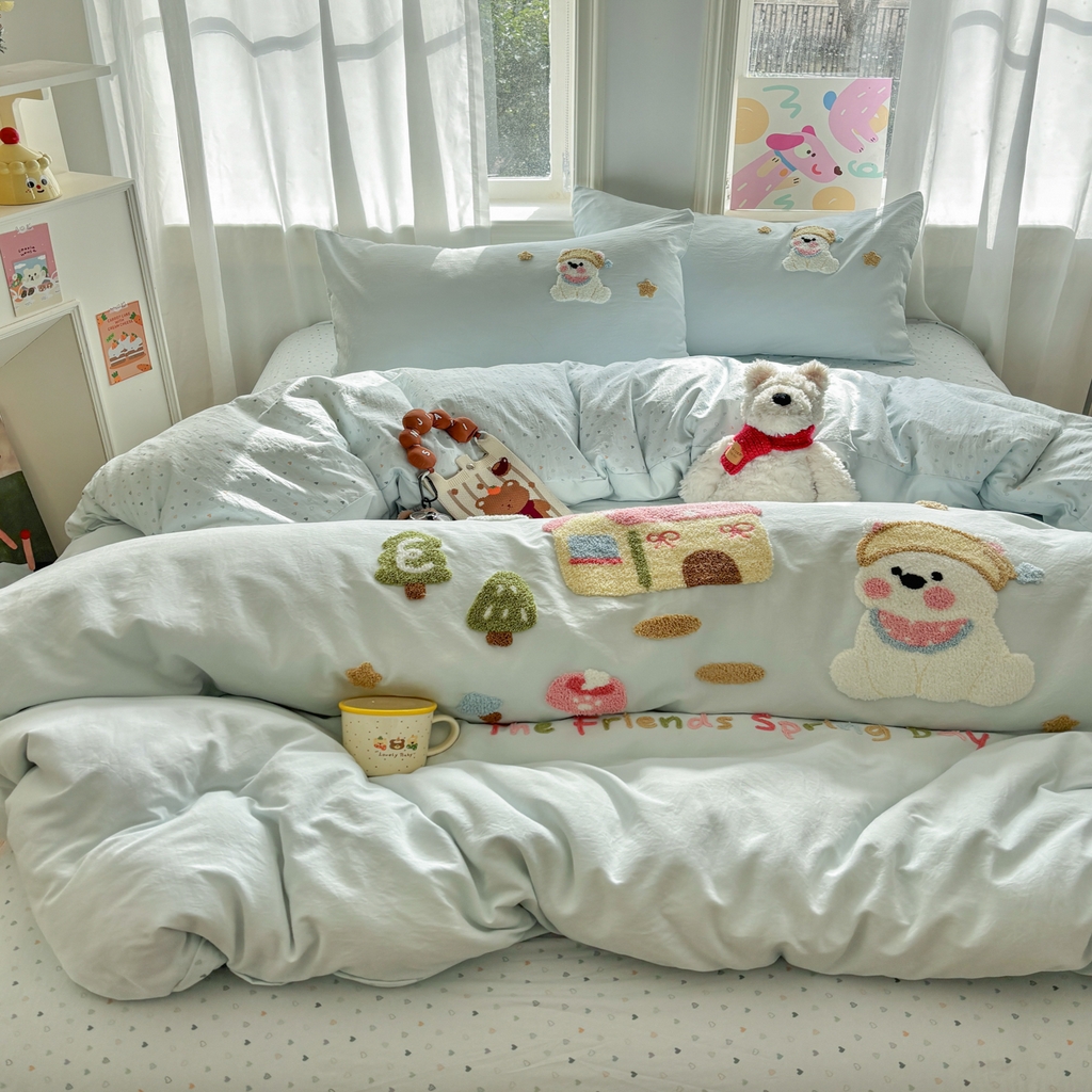 91家纺网 家纺一手货源 找家纺 色鬼布艺高端家居主号 2026新款古法毛巾绣四件套 雪瑞狗-蓝