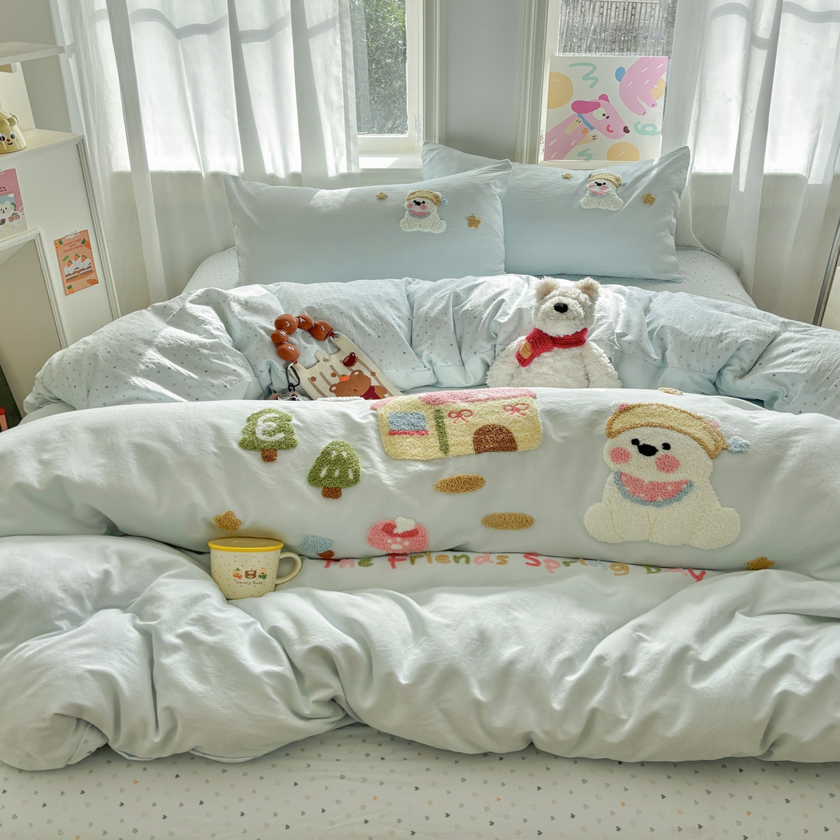 91家纺网 家纺一手货源 找家纺 色鬼布艺高端家居主号 2026新款古法毛巾绣四件套 雪瑞狗-蓝