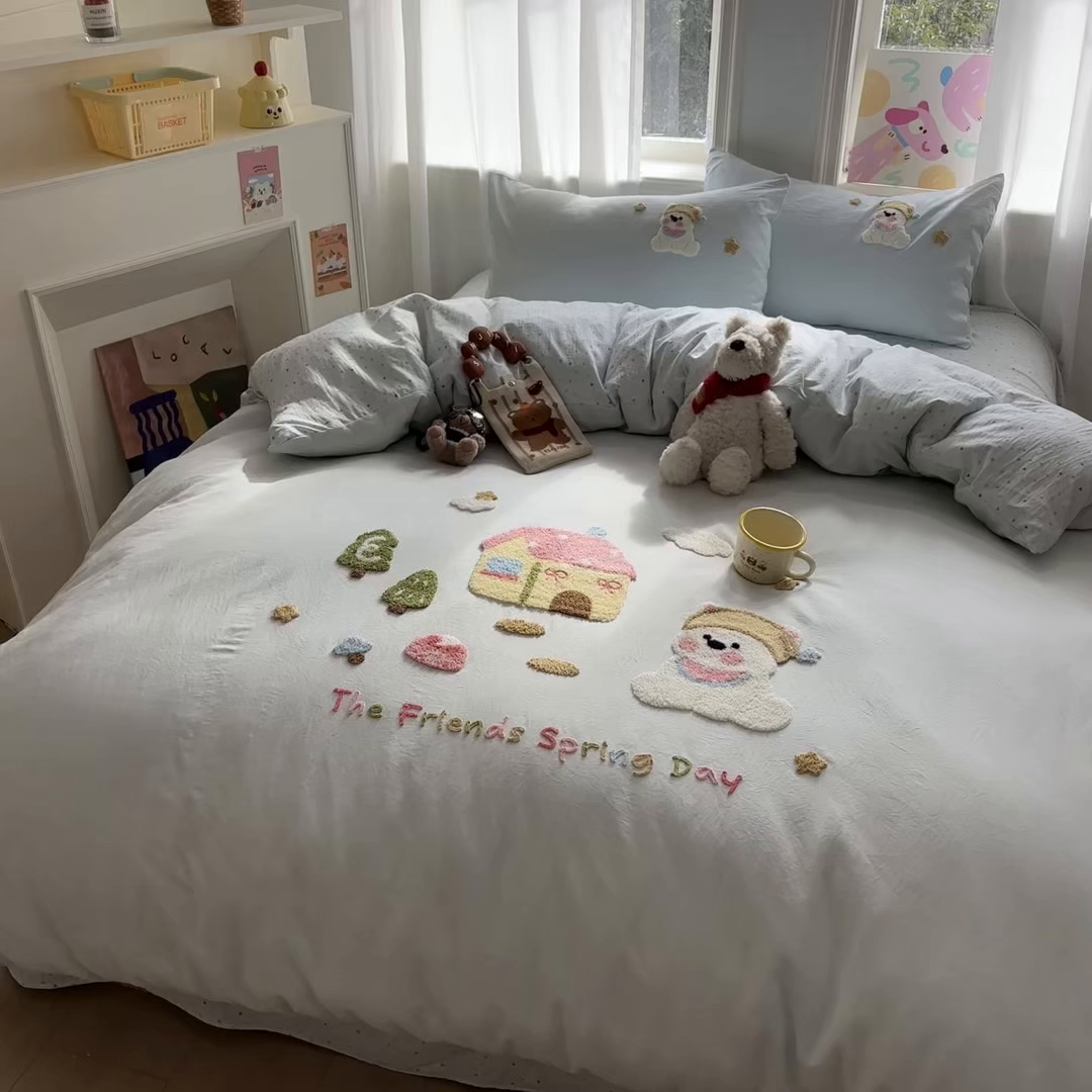 91家纺网 家纺一手货源 找家纺 色鬼布艺高端家居主号 2026新款古法毛巾绣四件套 雪瑞狗-蓝