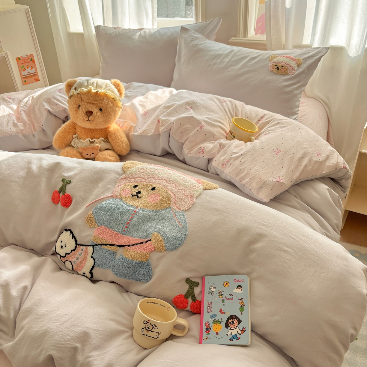 色鬼布艺高端家居主号 2026新款古法毛巾绣四件套 樱桃小熊-灰