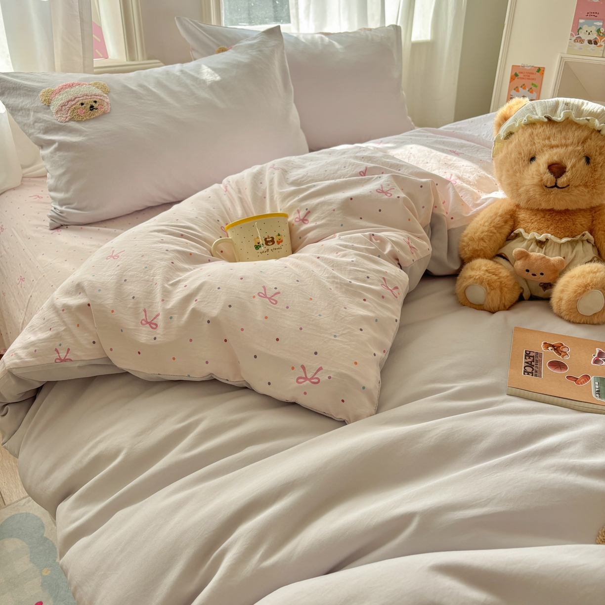 91家纺网 家纺一手货源 找家纺 色鬼布艺高端家居主号 2026新款古法毛巾绣四件套 樱桃小熊-灰