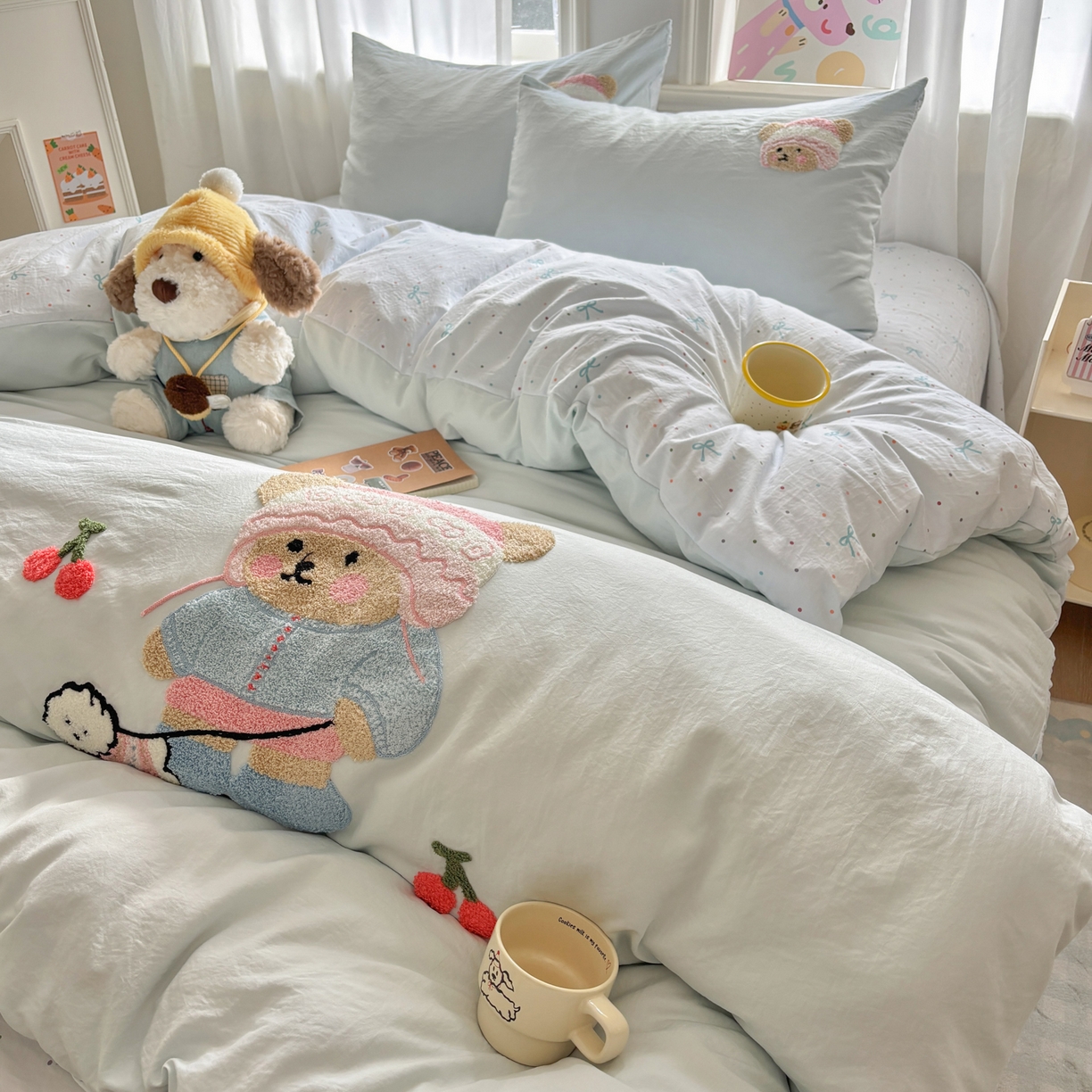 色鬼布艺高端家居主号 2026新款古法毛巾绣四件套 樱桃小熊-蓝