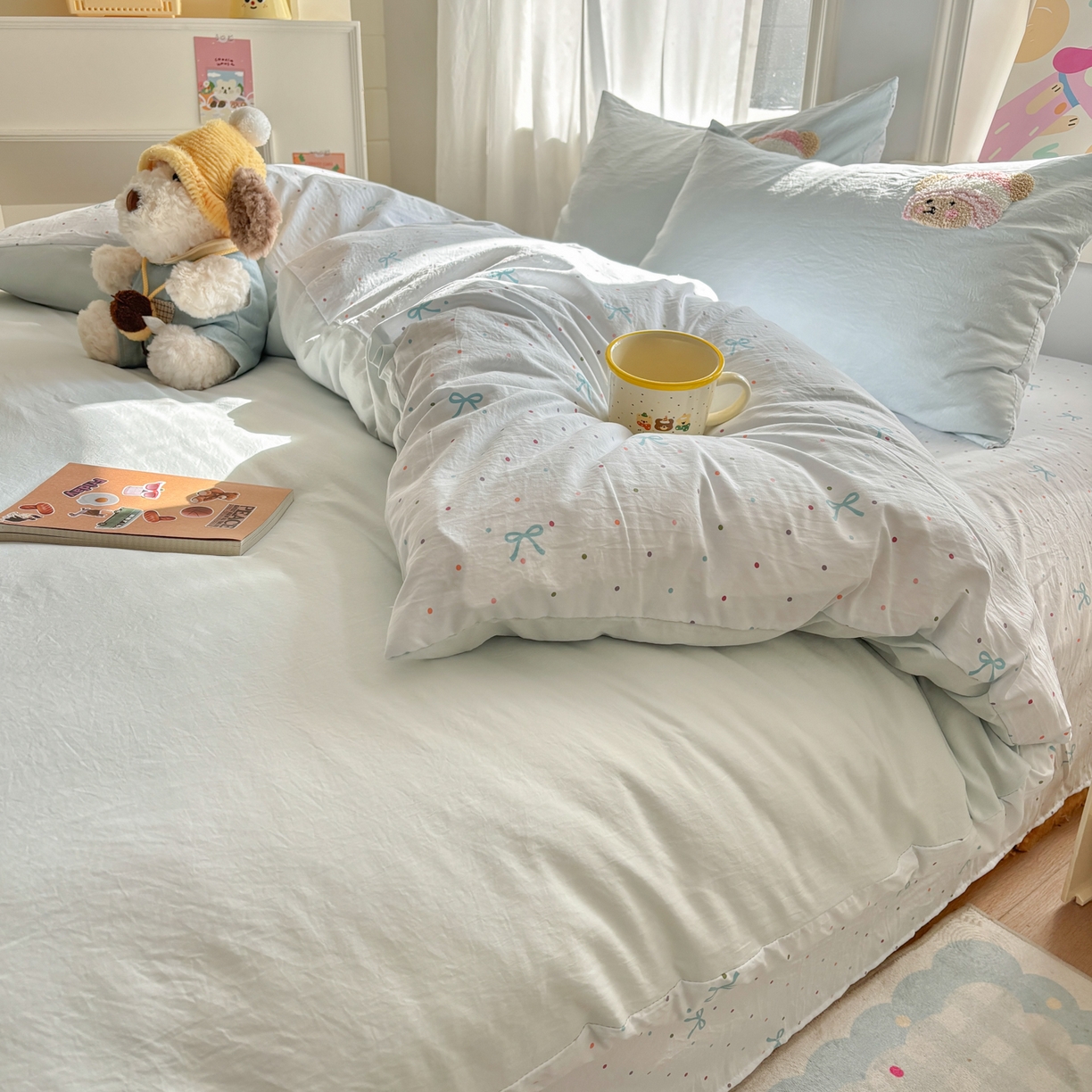 91家纺网 家纺一手货源 找家纺 色鬼布艺高端家居主号 2026新款古法毛巾绣四件套 樱桃小熊-蓝