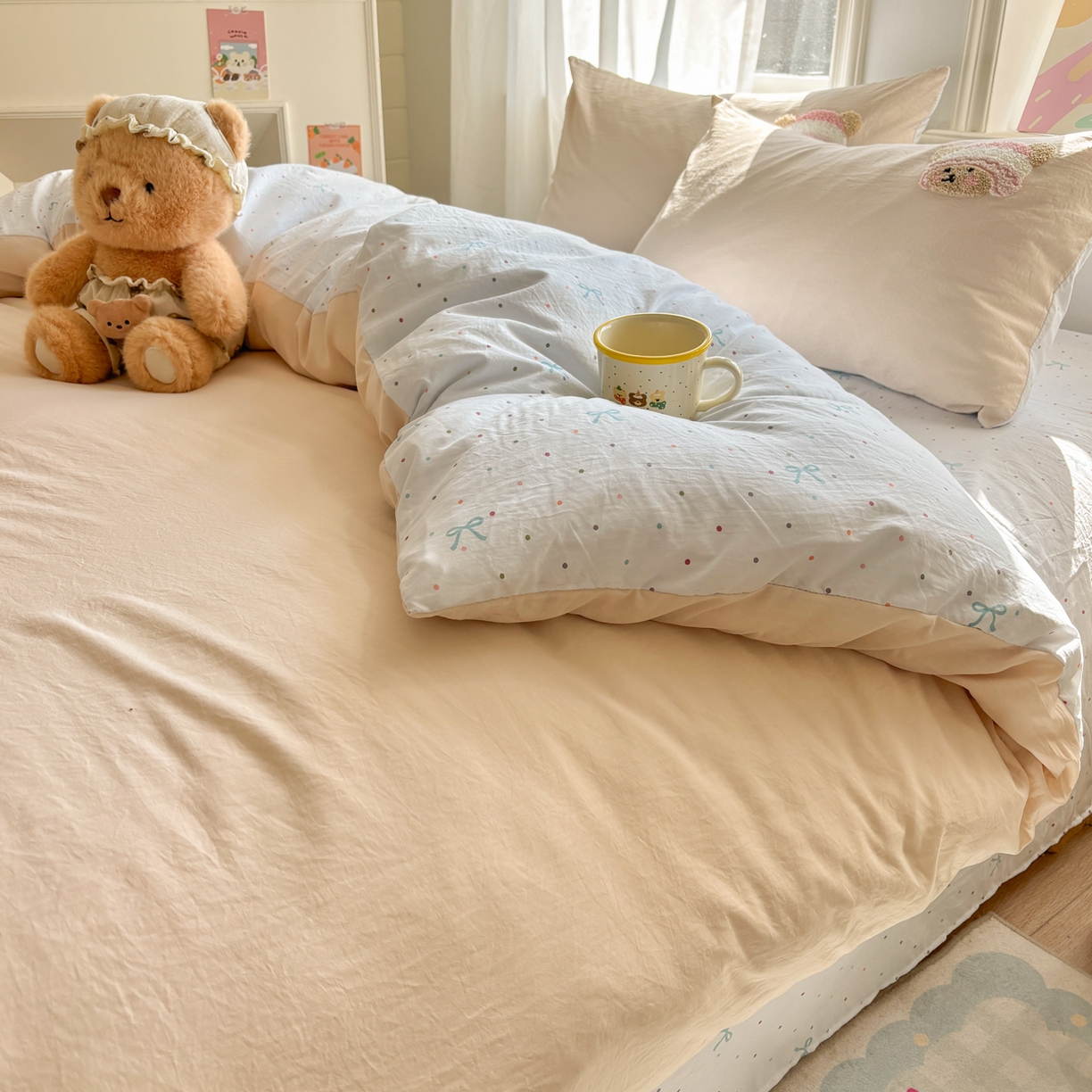 91家纺网 家纺一手货源 找家纺 色鬼布艺高端家居主号 2026新款古法毛巾绣四件套 樱桃小熊-香槟