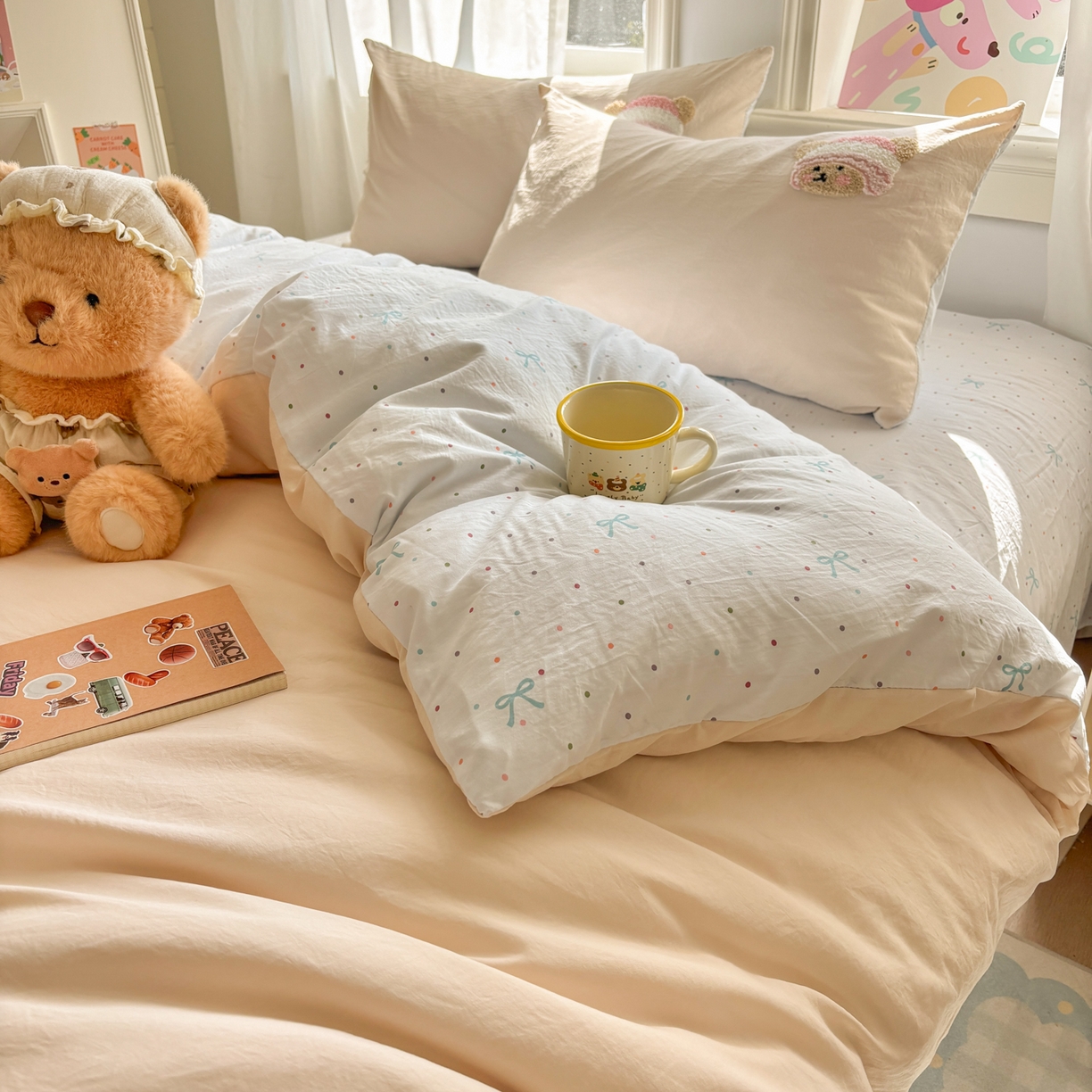 91家纺网 家纺一手货源 找家纺 色鬼布艺高端家居主号 2026新款古法毛巾绣四件套 樱桃小熊-香槟