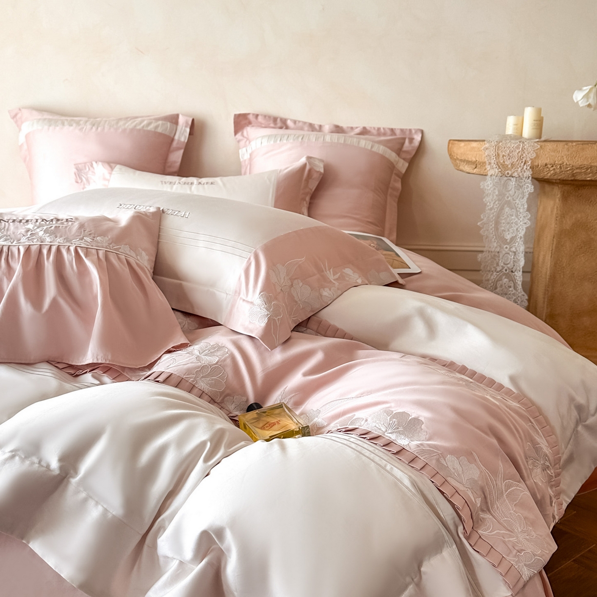 91家纺网 家纺一手货源 找家纺 （总）祺瑞佳家纺 2026新款100%双面纯棉法式刺绣花四件套全棉四季款床单床笠-恬蜜光年场景一