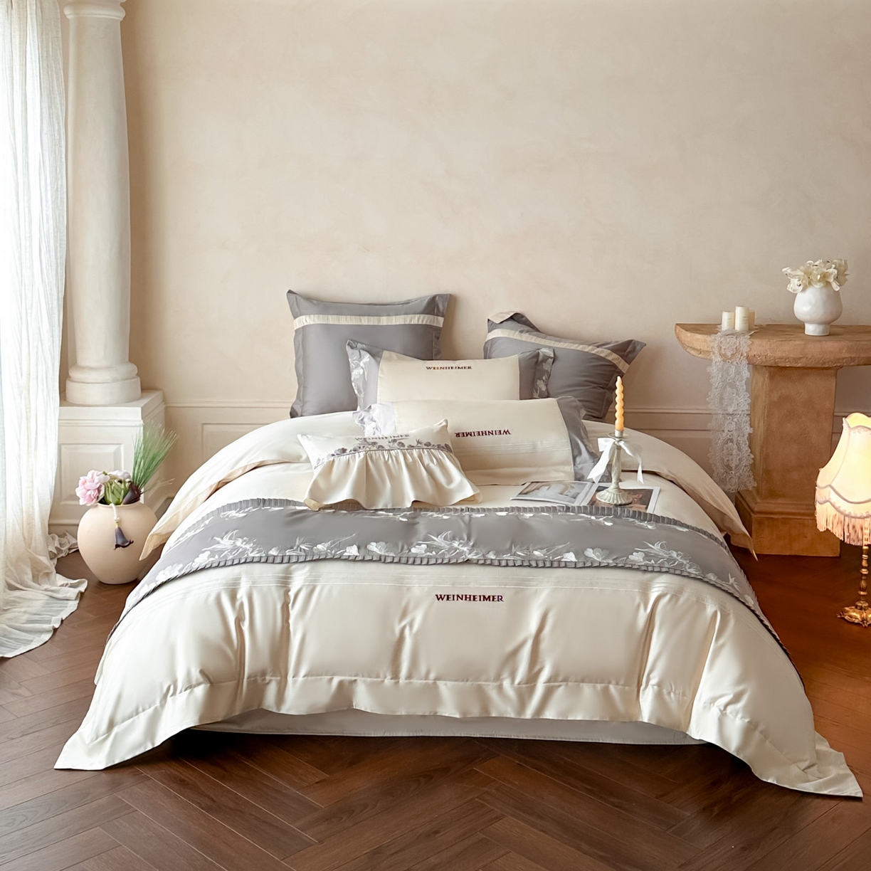 91家纺网 家纺一手货源 找家纺 （总）祺瑞佳家纺 2026新款100%双面纯棉法式刺绣花四件套全棉四季款床单床笠-恬蜜光年场景一